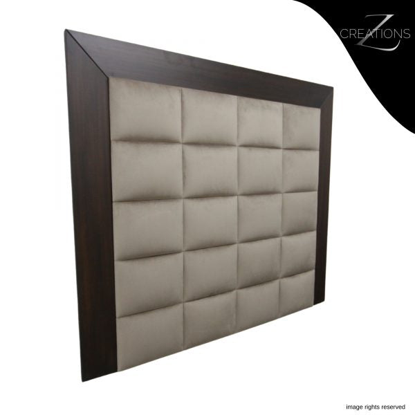 Exquisite dark brown velvet veneer headboard from zcreations.co.za featuring a sophisticated block design, adding opulence and style to your bedroom sanctuaryCrafted by ZCreations.co.za