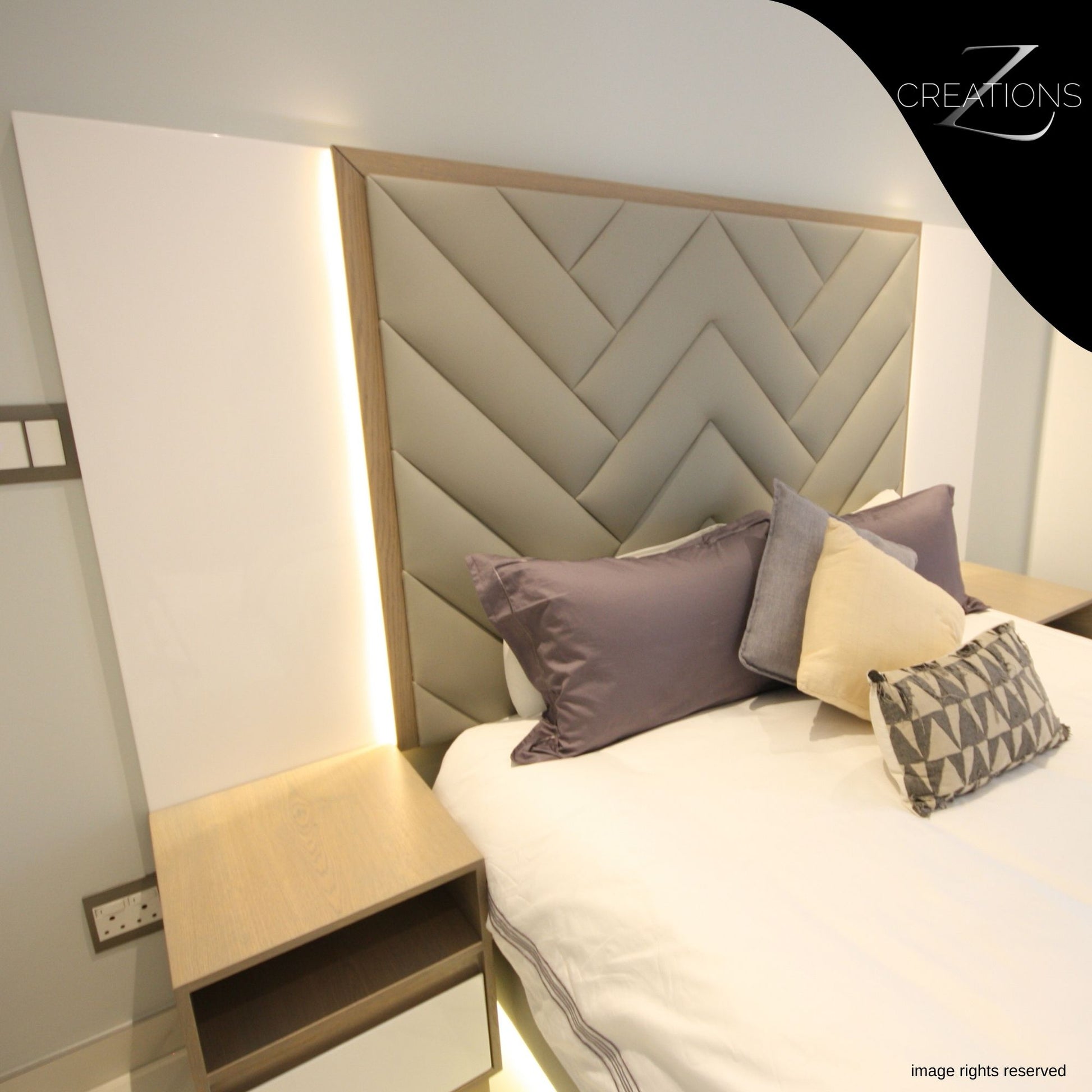Zig-Zag Headboard with High-Quality Fabric, Gloss Finish, and LED Light - Crafted by ZCreations.co.za
