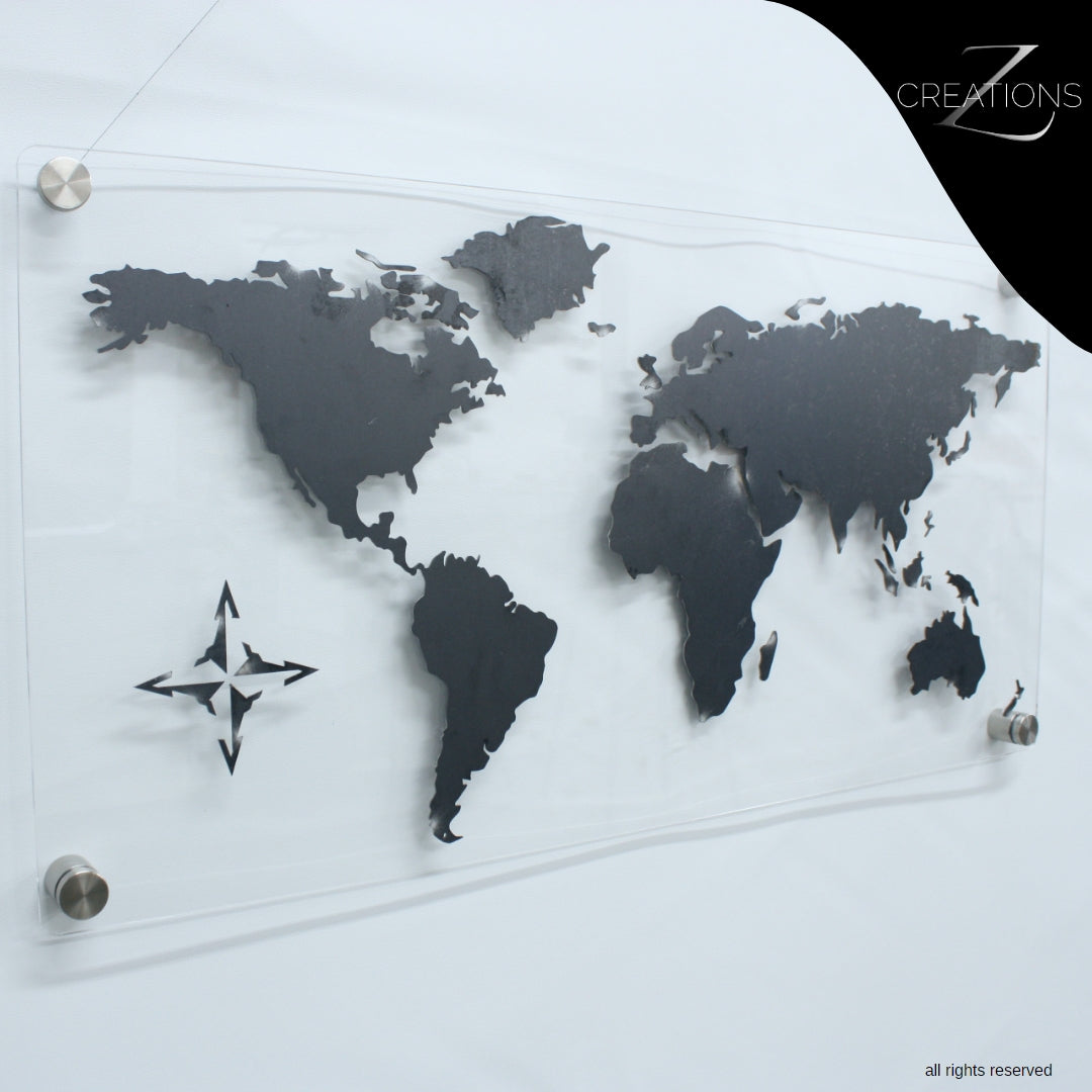 World Map Steel on perspex 750mm